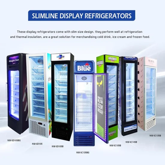 Geladeira de exibição de porta de vidro simples vertical compacta autônoma vertical, freezer de refrigerador vertical